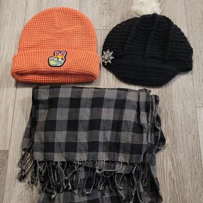 Black Knit Hat with Real Fur Ball, Colorado Coral Knit Hat, and Black & Gray Scarf