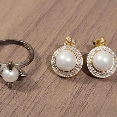 Antique Sterling & Pearl Engagement Ring & Gold over Sterling Pearl Earrings