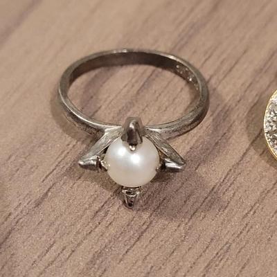 Antique Sterling & Pearl Engagement Ring & Gold over Sterling Pearl Earrings