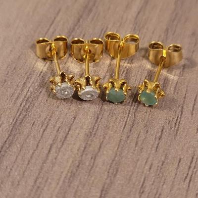 Diamond Chip & Light Green Gold Plated Stud Earrings