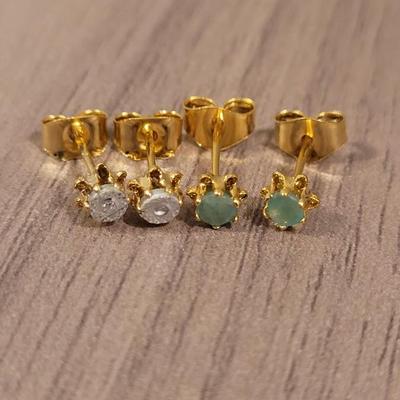 Diamond Chip & Light Green Gold Plated Stud Earrings