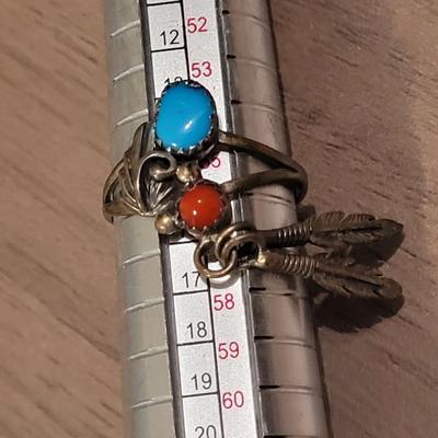 Vintage Rare Dangle Feather Native American Turquoise & Coral Ring