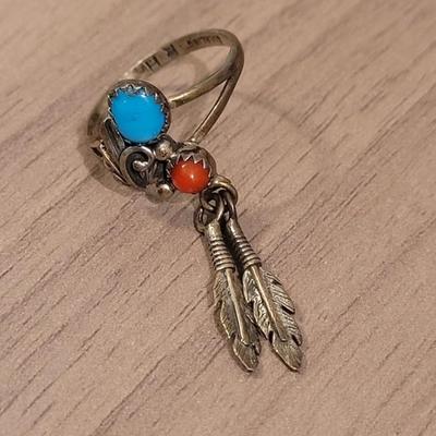 Vintage Rare Dangle Feather Native American Turquoise & Coral Ring