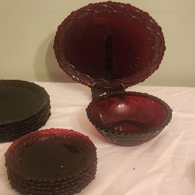Red glass place setting w/serving platter & bowl - 6