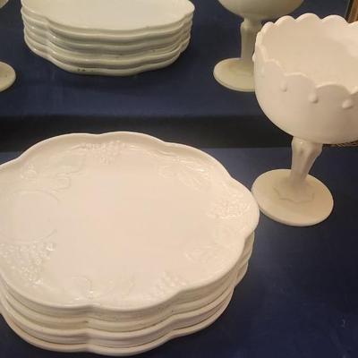 Milk glass - 6 plates and 2 goblets