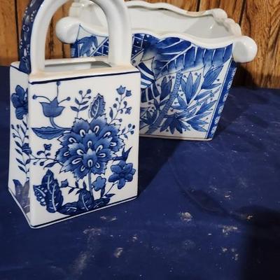 Blue/white glass purse and basket