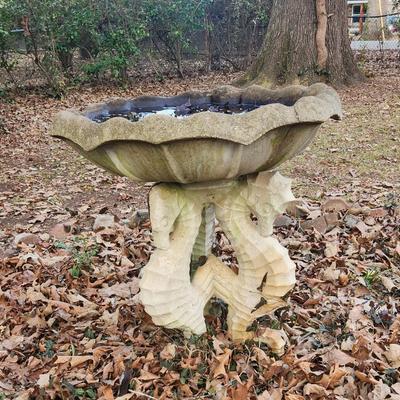 Concrete seahorse birdbath