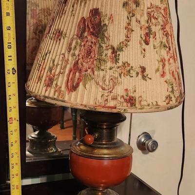 Red lamp w/floral shade