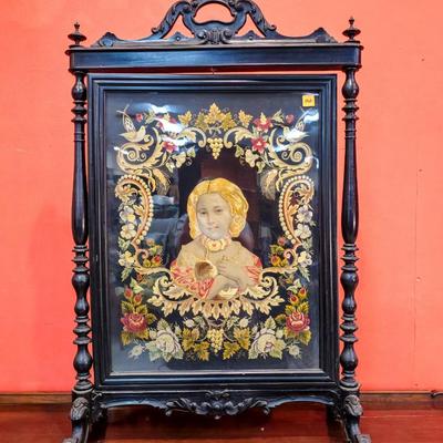 Antique German Wood and Silk Fire Screen