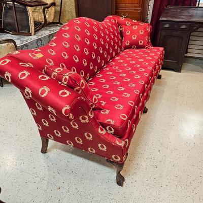 Queen Anne Camelback Sofa in Red Silk