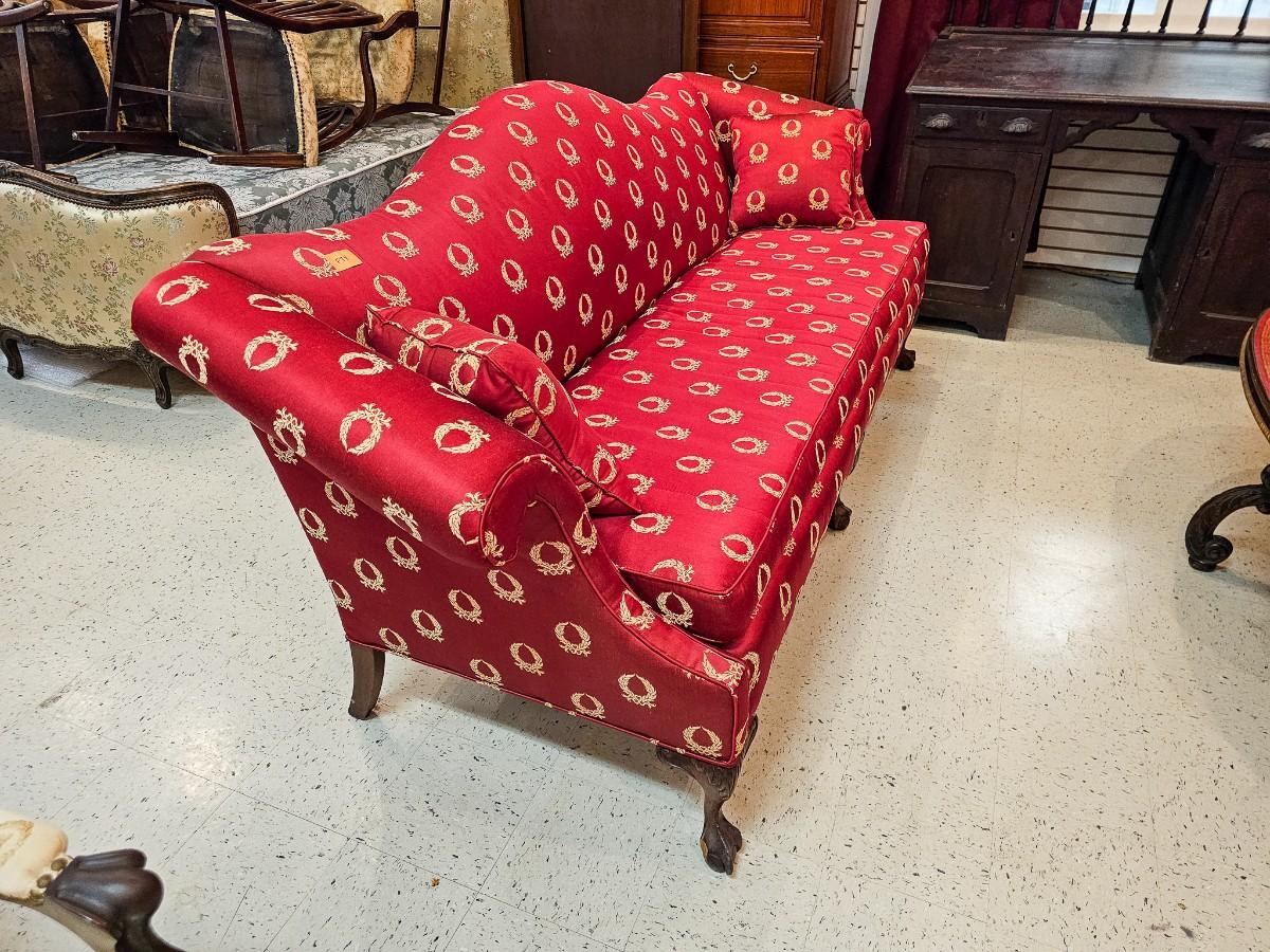 Queen Anne Camelback Sofa In Red Silk