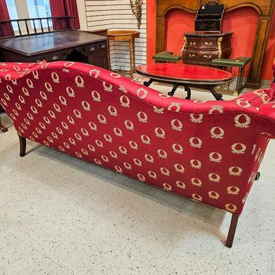 Queen Anne Camelback Sofa in Red Silk
