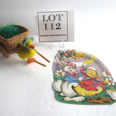 Easter Duck Pulling Tiny Cart and Older Easter Flat