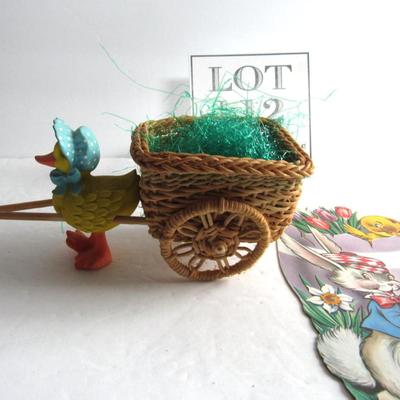 Easter Duck Pulling Tiny Cart and Older Easter Flat