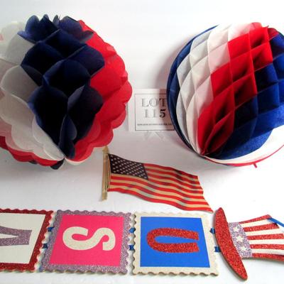 Patriotic Lot of Tissue Balls, Dennison Flag Flat and USA Hanger