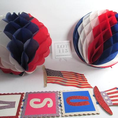 Patriotic Lot of Tissue Balls, Dennison Flag Flat and USA Hanger