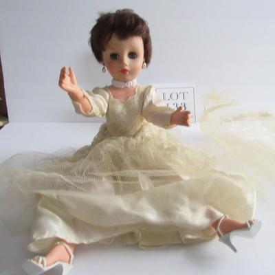 Vintage Tall Vinyl Brides Doll In Wedding Dress, Earrings, Heels, Veil, Marked AE20