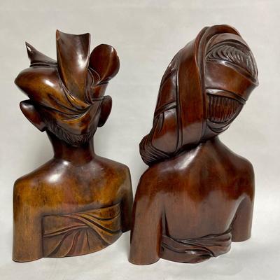 antique Carved Ballinese Indonesian Bali Couple Man and Lady nude bust wood carving sculpture