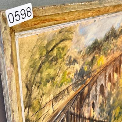 Vintage Original Railroad Crossing Oil Painting On Board 21
