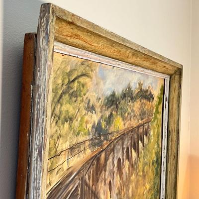Vintage Original Railroad Crossing Oil Painting On Board 21