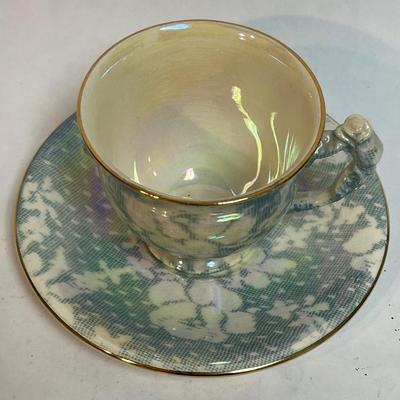 ROYAL WINTON lusterware turquoise blue teacup and saucer set England brocade chintz 1930s iridescent