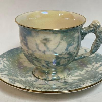 ROYAL WINTON lusterware turquoise blue teacup and saucer set England brocade chintz 1930s iridescent