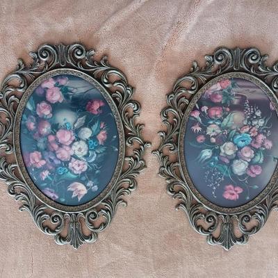 One Pair of Italian Brass Oval Flower Print Floral Brass Oval Frame