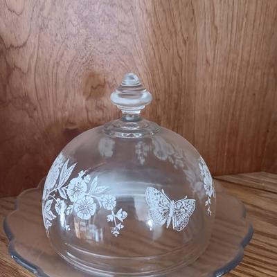 Antique U. S. Glass Blossom Domed Butter Dish with matching Globe vase