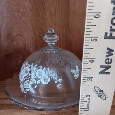 Antique U. S. Glass Blossom Domed Butter Dish with matching Globe vase