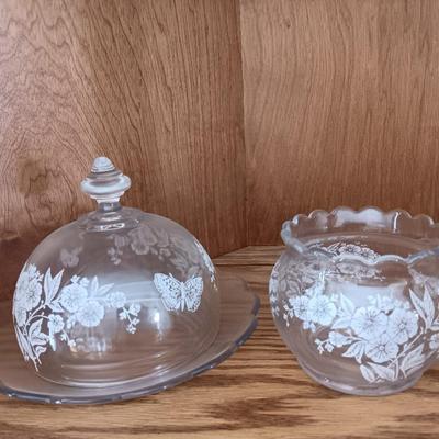 Antique U. S. Glass Blossom Domed Butter Dish with matching Globe vase