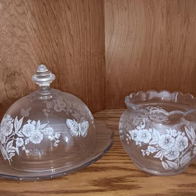 Antique U. S. Glass Blossom Domed Butter Dish with matching Globe vase