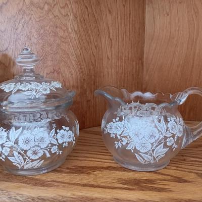 Antique U. S. Glass Blossom lidded dish with small pitcher large cream & Sugar