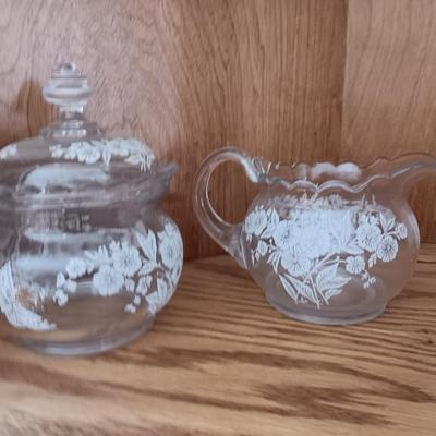Antique U. S. Glass Blossom lidded dish with small pitcher large cream & Sugar