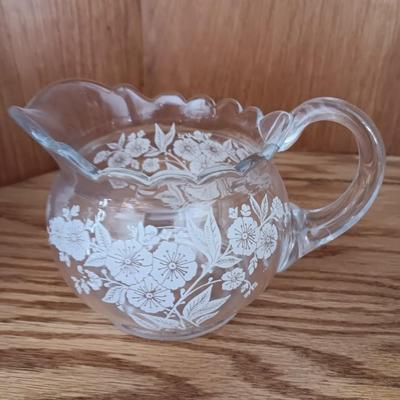 Antique U. S. Glass Blossom lidded dish with small pitcher large cream & Sugar