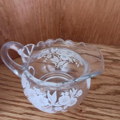 Antique U. S. Glass Blossom lidded dish with small pitcher large cream & Sugar