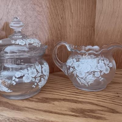 Antique U. S. Glass Blossom lidded dish with small pitcher large cream & Sugar
