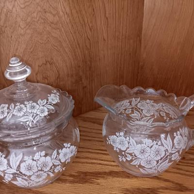 Antique U. S. Glass Blossom lidded dish with small pitcher large cream & Sugar