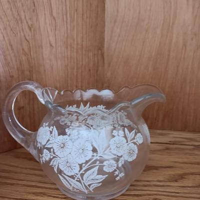 Antique U. S. Glass Blossom lidded dish with small pitcher large cream & Sugar