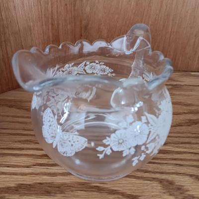 Antique U. S. Glass Blossom lidded dish with small pitcher large cream & Sugar
