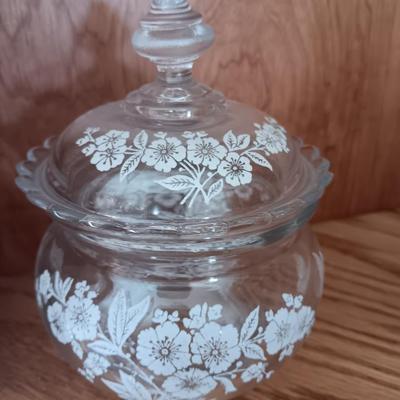 Antique U. S. Glass Blossom lidded dish with small pitcher large cream & Sugar