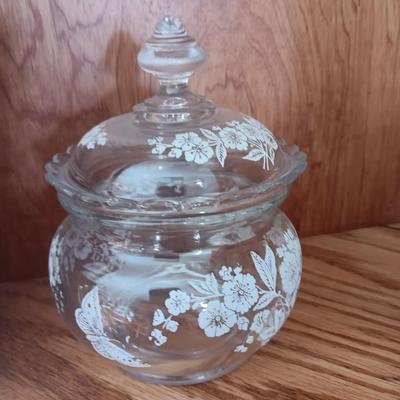 Antique U. S. Glass Blossom lidded dish with small pitcher large cream & Sugar
