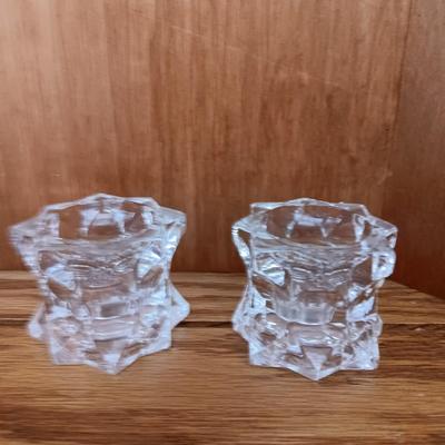 Two MIKASA Sparkling Star Candle Stick Votive Holders with small Mikasa glass vase