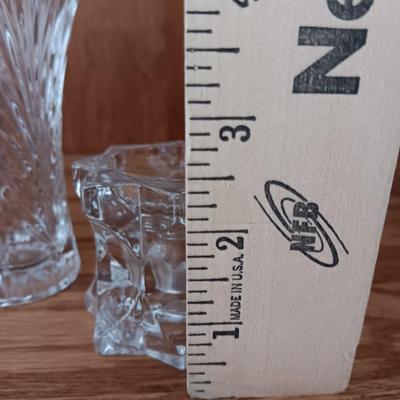 Two MIKASA Sparkling Star Candle Stick Votive Holders with small Mikasa glass vase