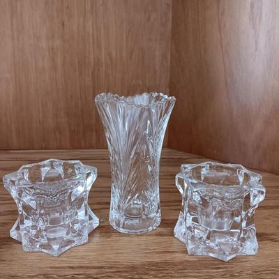 Two MIKASA Sparkling Star Candle Stick Votive Holders with small Mikasa glass vase