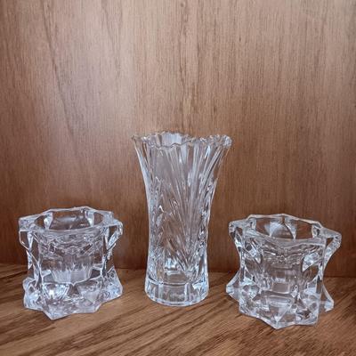 Two MIKASA Sparkling Star Candle Stick Votive Holders with small Mikasa glass vase