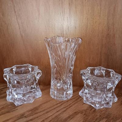 Two MIKASA Sparkling Star Candle Stick Votive Holders with small Mikasa glass vase