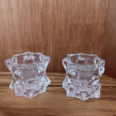 Two MIKASA Sparkling Star Candle Stick Votive Holders with small Mikasa glass vase