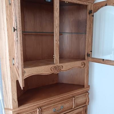 Beautiful Oak Bent original wood corner cabinet made in Grants Pass Oregon - Light inside!