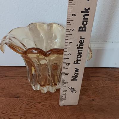 Handblown Waterfall / Tulip Vase, Amber Yellow Art Glass with Doiley