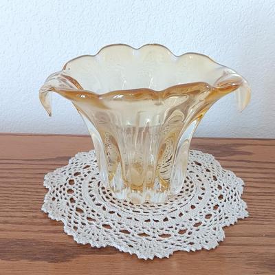 Handblown Waterfall / Tulip Vase, Amber Yellow Art Glass with Doiley